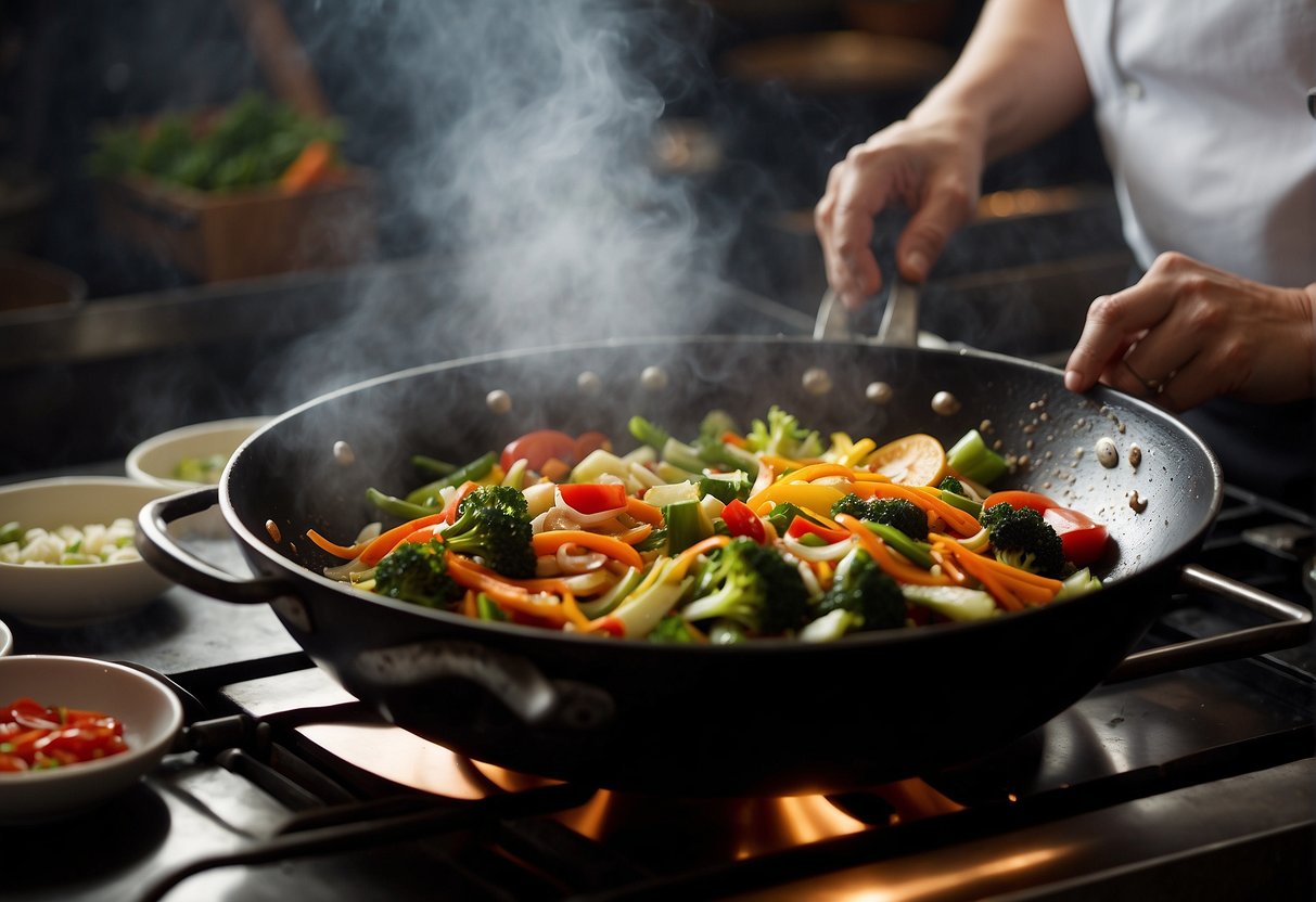 A wok sizzles as vegetables are stir-fried. A chef adds soy sauce and ginger, tossing the ingredients with precision. Steam rises, filling the kitchen with the aroma of garlic and green onions