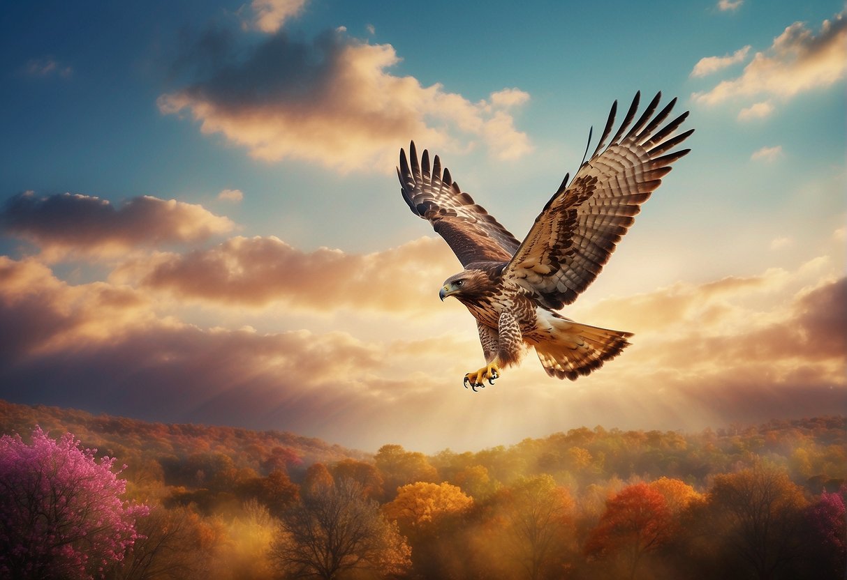 A hawk soars gracefully through a vivid dreamscape, its wings outstretched as it glides effortlessly through the sky, surrounded by wisps of clouds and vibrant bursts of color