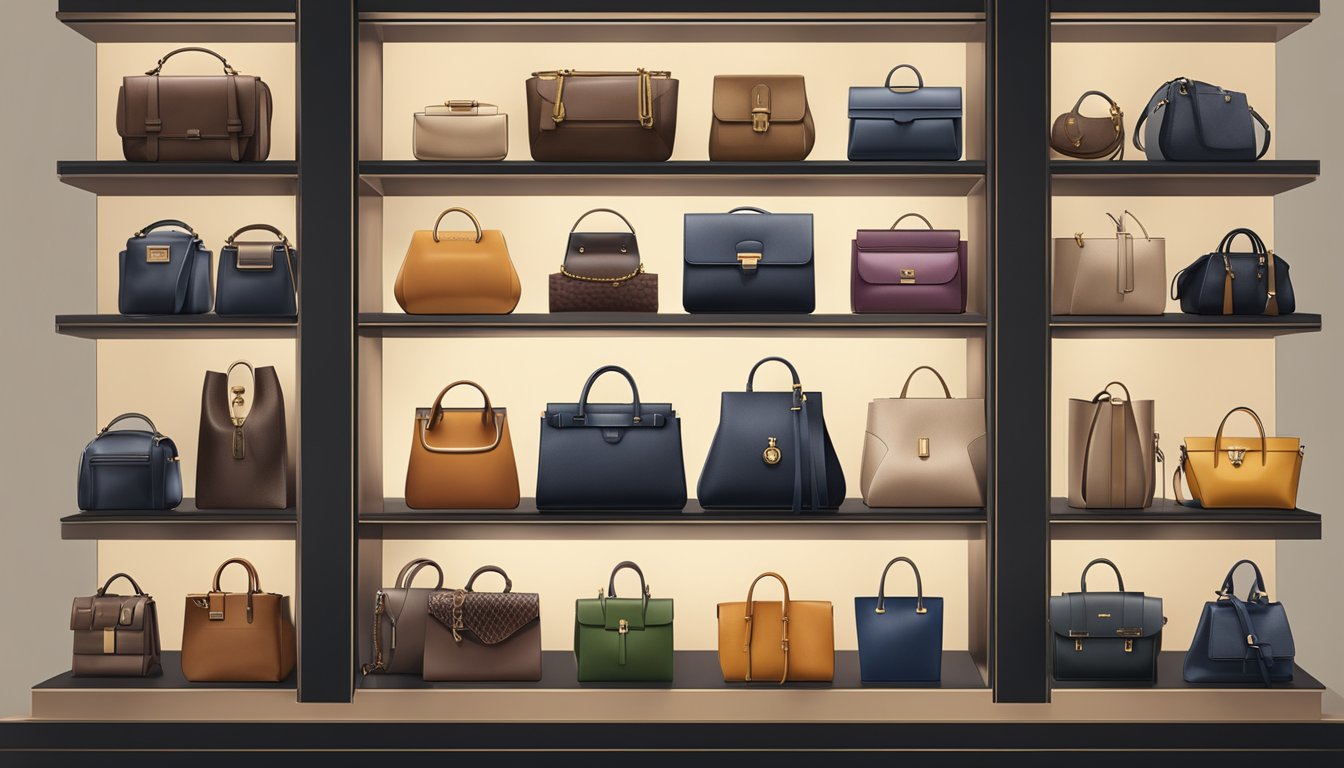 A display of Italian bag brands arranged on a sleek, modern shelf in a high-end boutique. The bags are crafted from luxurious materials and feature elegant designs