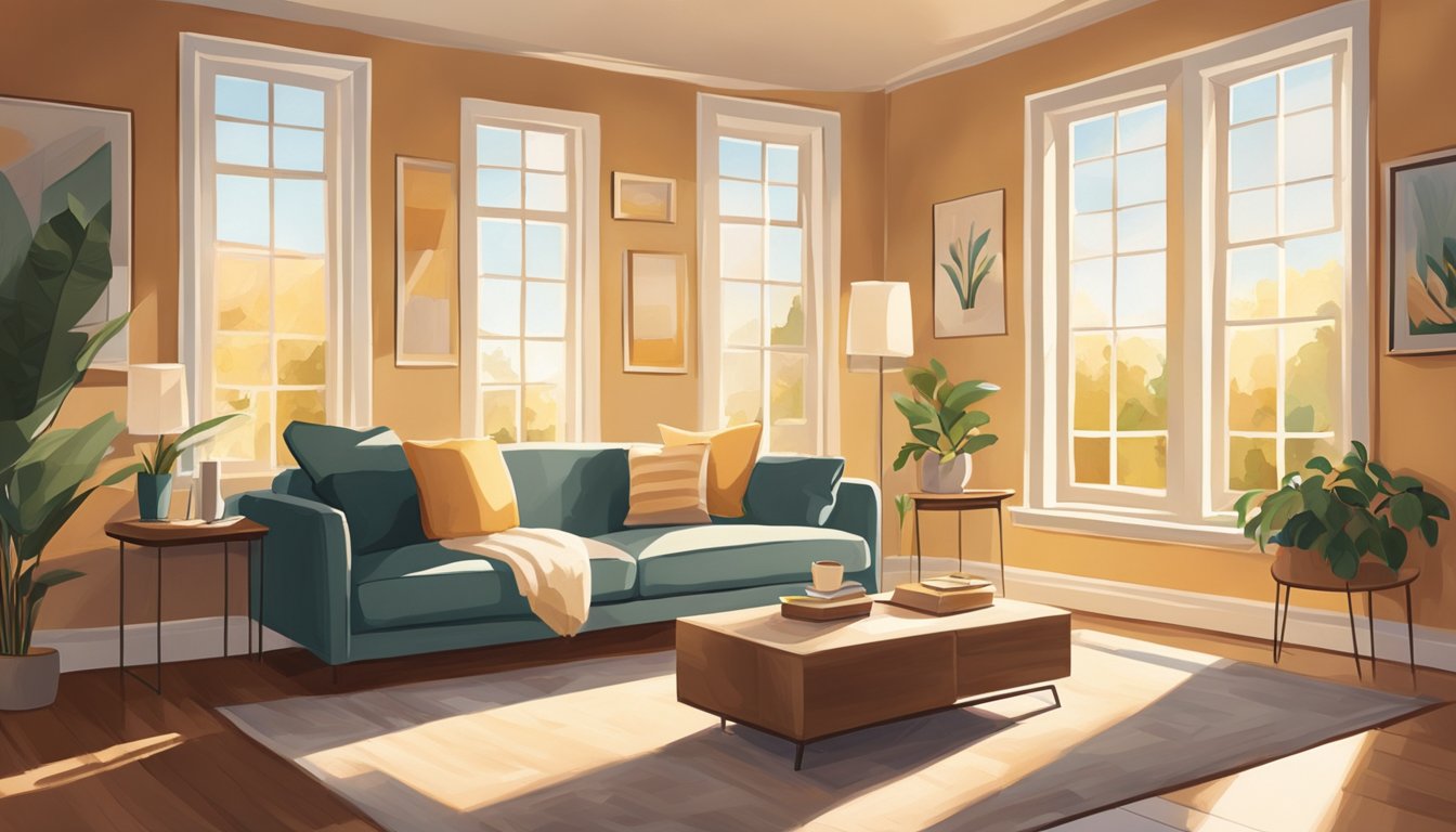 A cozy living room with a freshly painted wall in a warm, inviting color. Sunlight streams in through the window, casting a soft glow on the smooth, flawless finish of the paint