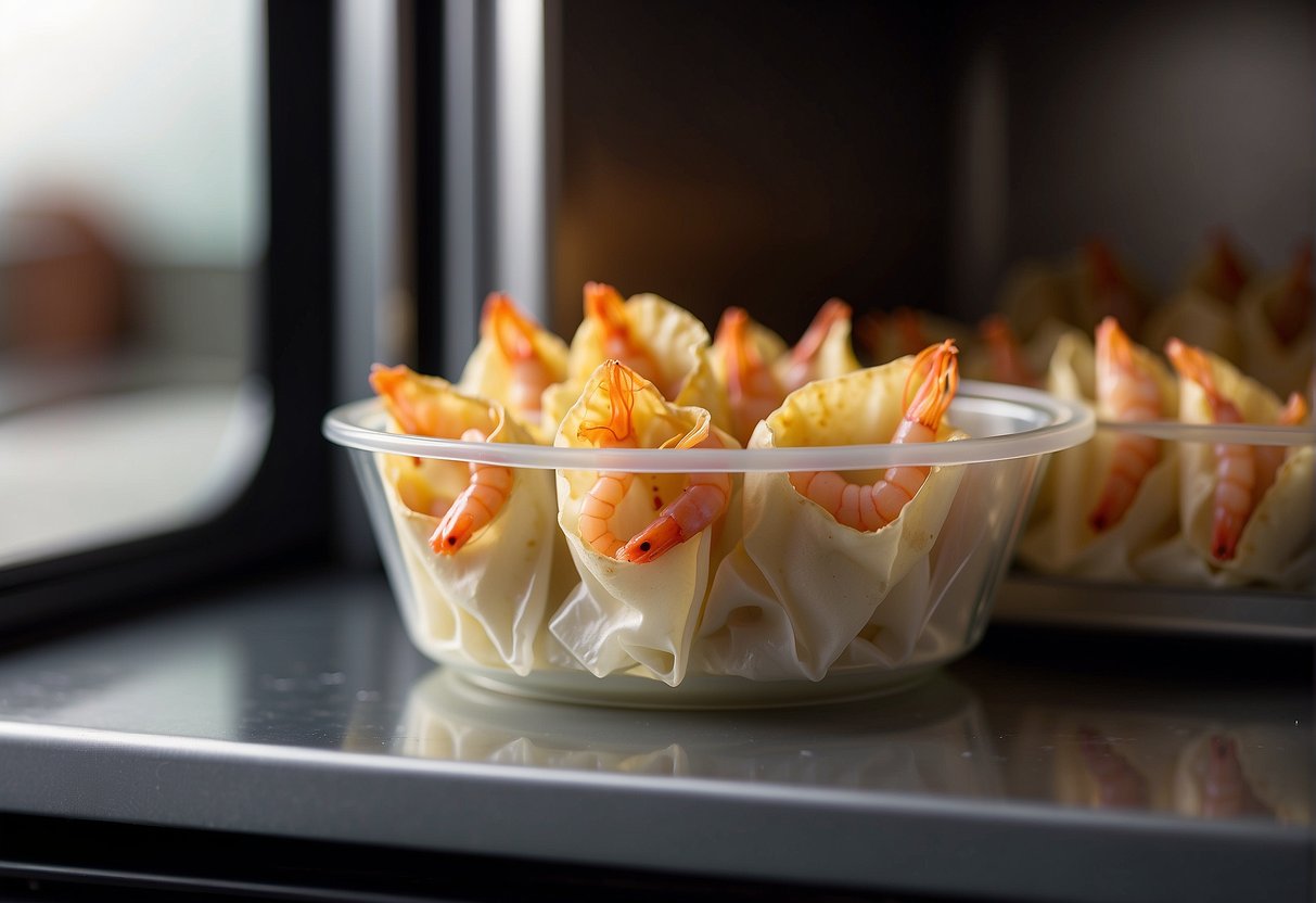 Shrimp wontons sit in airtight container. Microwave door opens, placing container inside. Timer set, door closes. Microwave hums. Container removed, steam rises