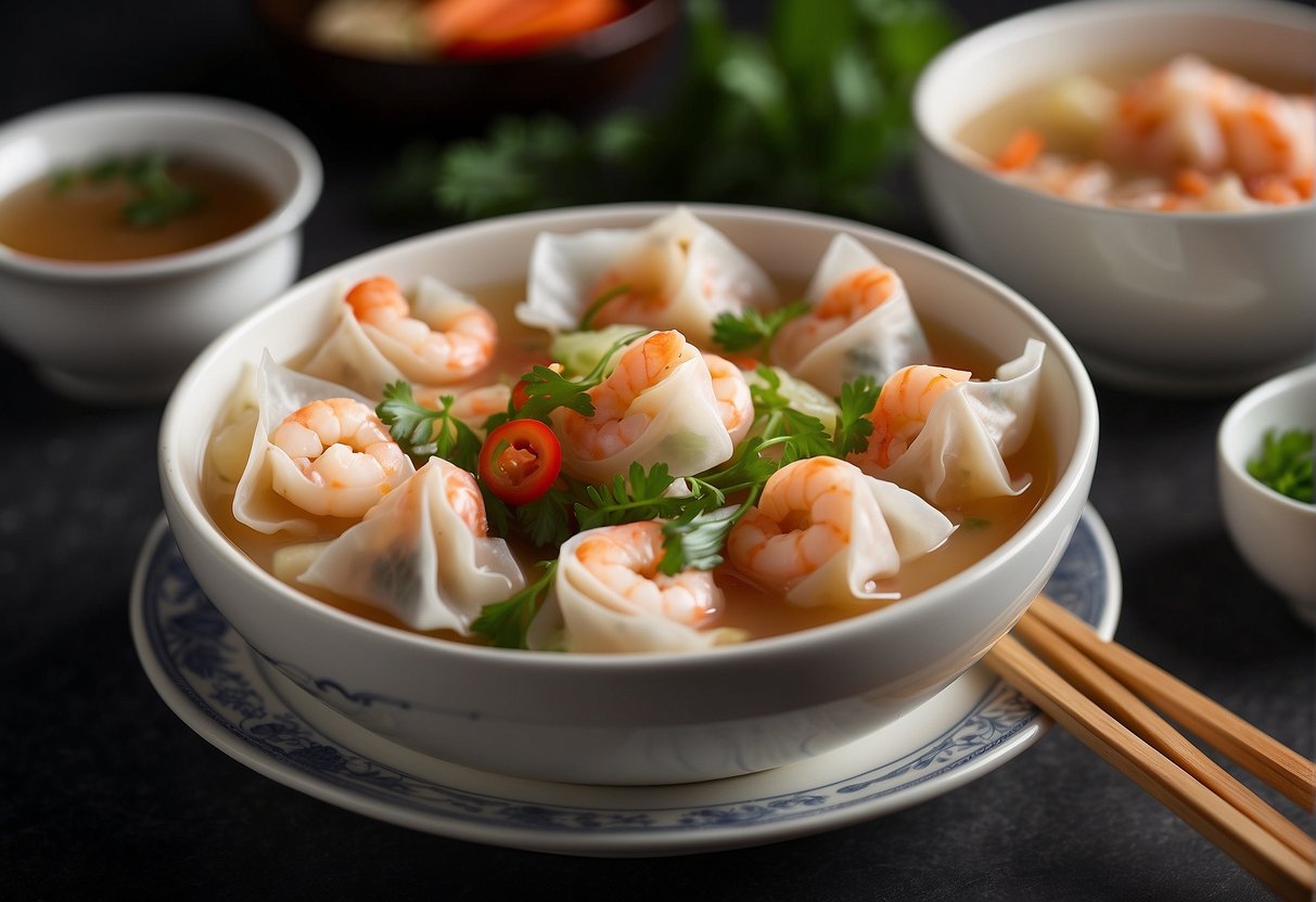 A steaming bowl of Chinese shrimp wonton soup with chopsticks resting on the side and a stack of wonton wrappers in the background