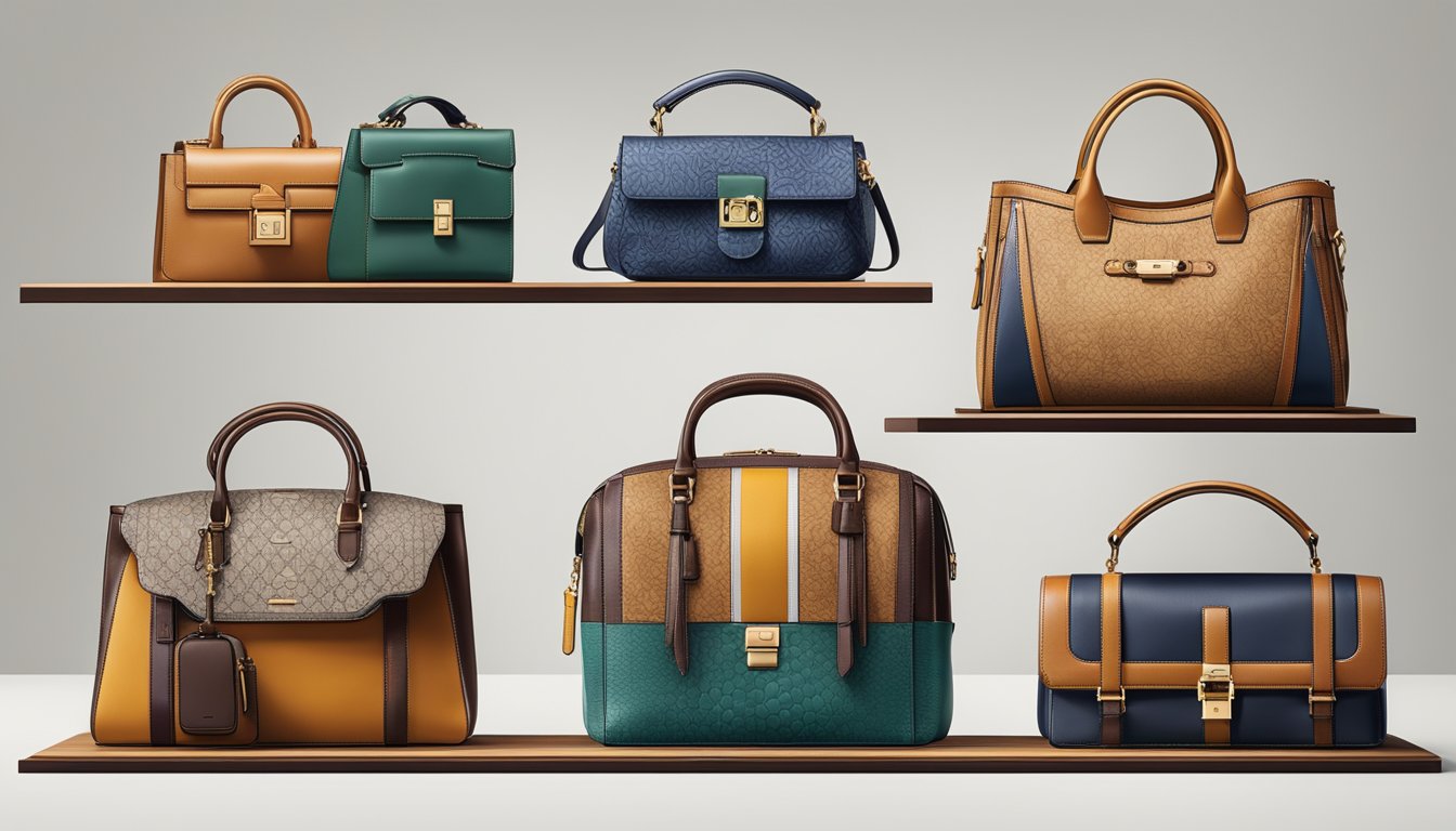 Vibrant display of iconic Italian bag brands arranged on a stylish showcase with intricate detailing and luxurious materials