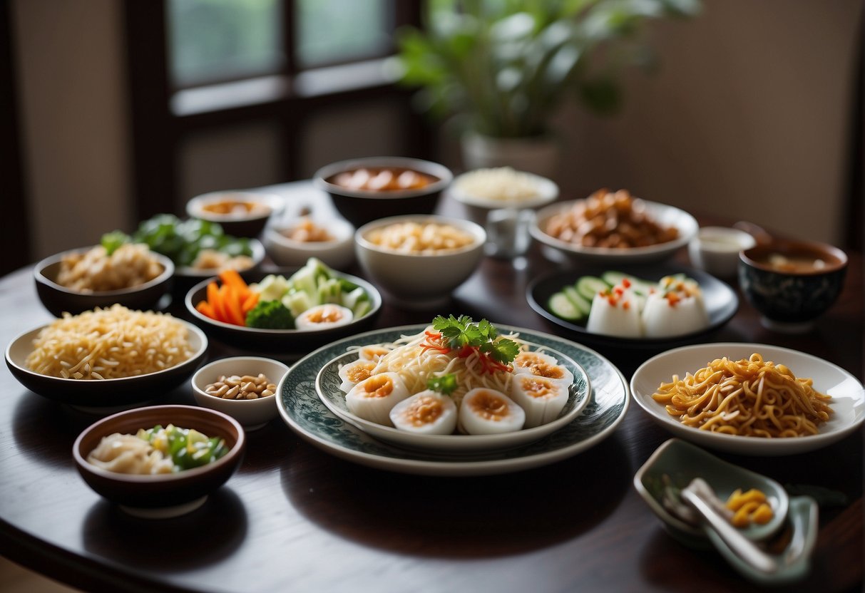 A table set with various Chinese side dishes, arranged decoratively on small plates and bowls with chopsticks neatly placed alongside