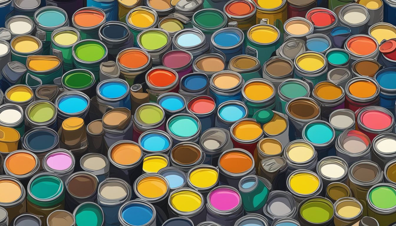 A colorful array of paint cans and brushes arranged neatly on a table in a well-lit studio