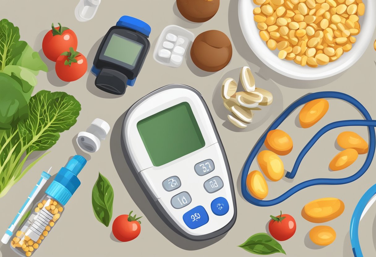 Supplements improve insulin resistance. A bottle of supplements next to a blood glucose monitor and healthy food