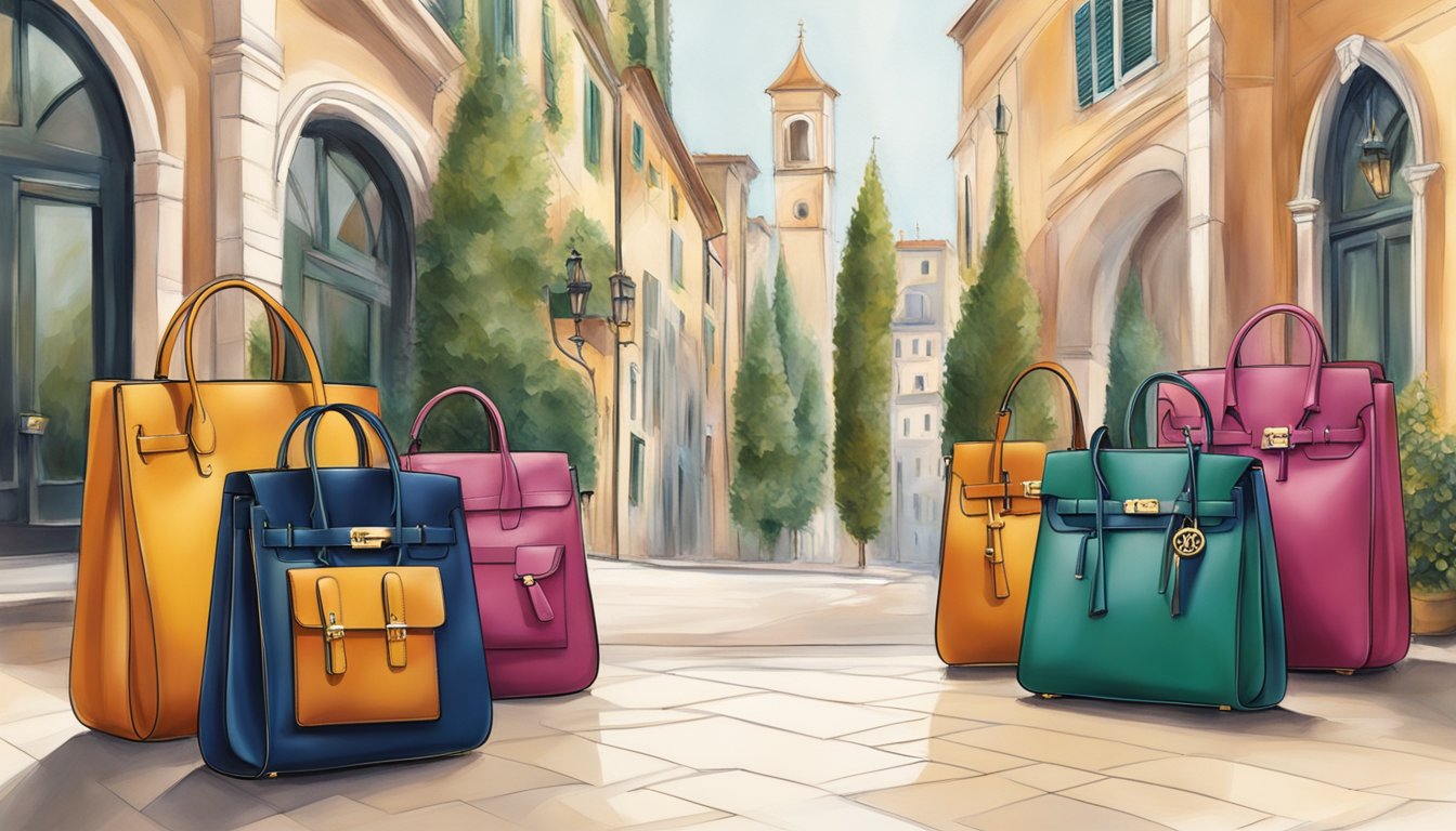 A display of luxurious Italian bags from emerging brands, showcasing elegance and accessibility. Rich textures and vibrant colors draw in the eye