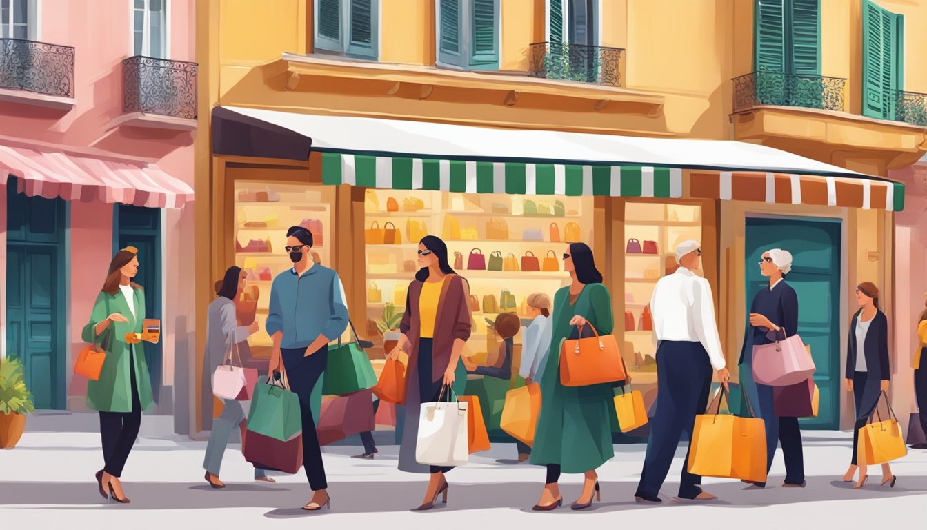 Vibrant street scene with people admiring and purchasing Italian bags from renowned brands, showcasing the cultural impact and popularity of Italian bag fashion
