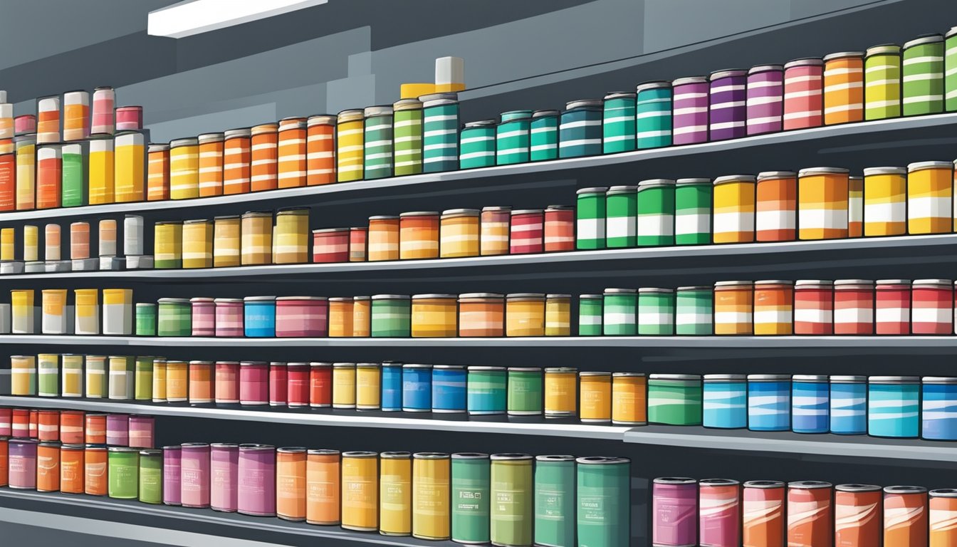 A colorful array of paint cans lines the shelves in a well-lit store. Labels tout various brands and types, offering a wide selection for the discerning customer