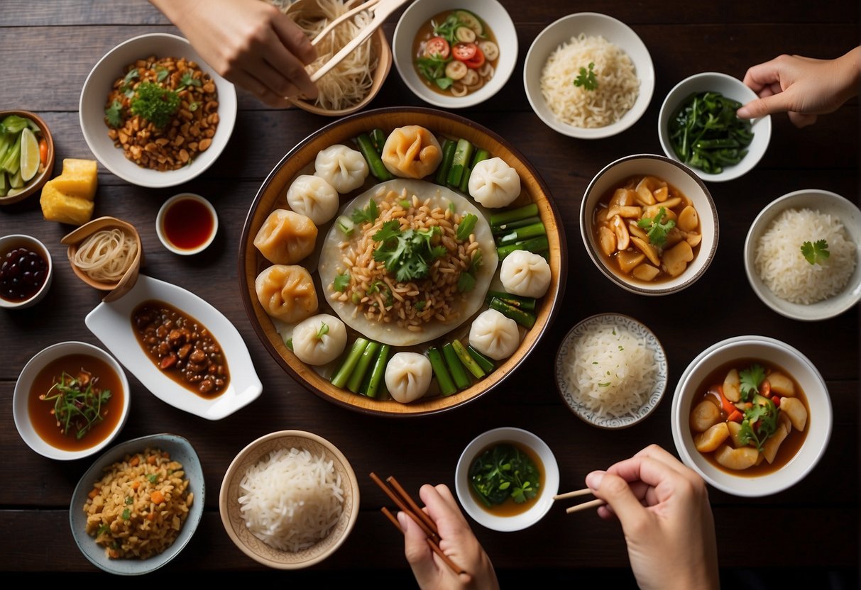 A table spread with various Chinese side dishes, including dumplings, stir-fried vegetables, and rice. A person reaching for a dish with chopsticks