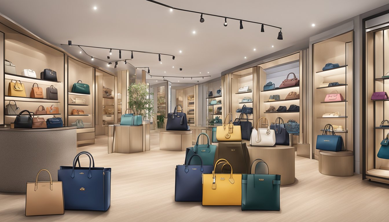 A display of iconic bag brands in a Singaporean boutique, featuring luxury labels and trendy designs