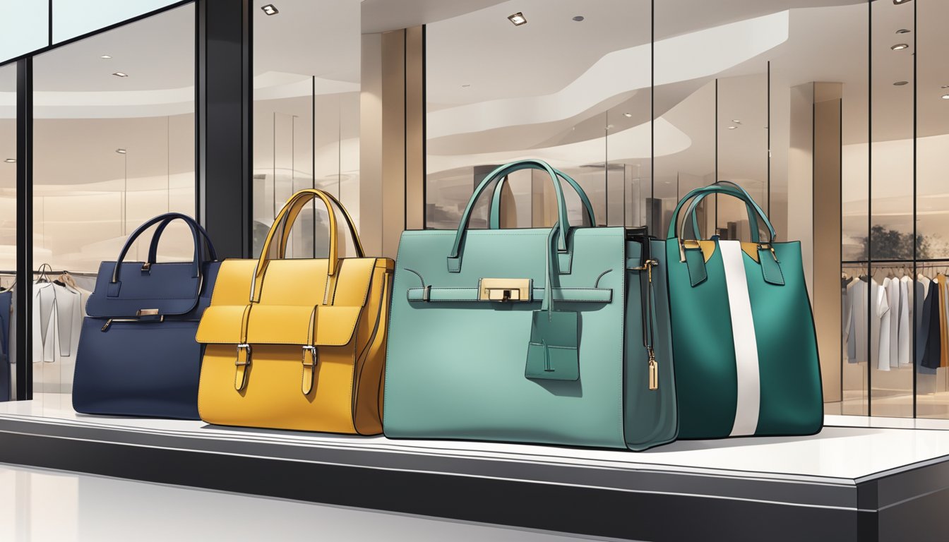A stylish bag displayed in a modern store window, surrounded by sleek and functional accessories, reflecting Singapore's fashion-forward culture