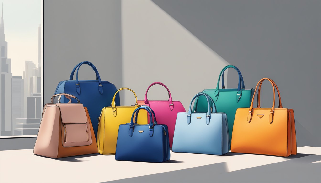 The scene features sleek, modern bag designs displayed against a minimalist backdrop, showcasing clean lines, bold colors, and high-quality materials