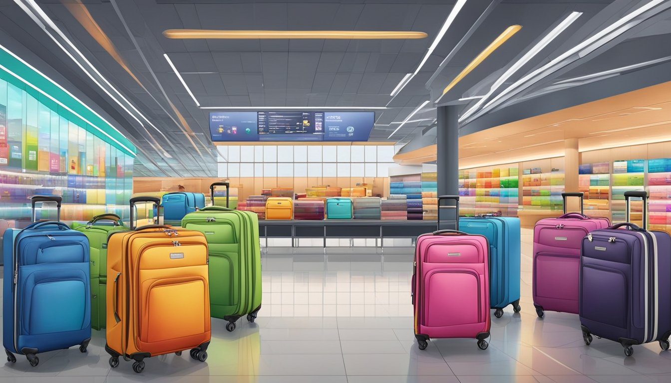 Colorful luggage brands displayed in a modern Singapore airport shop