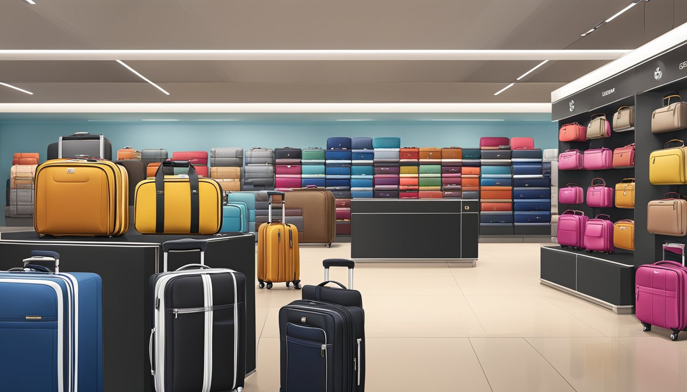 A display of top luggage brands in a Singapore store, featuring sleek designs and various sizes for travelers