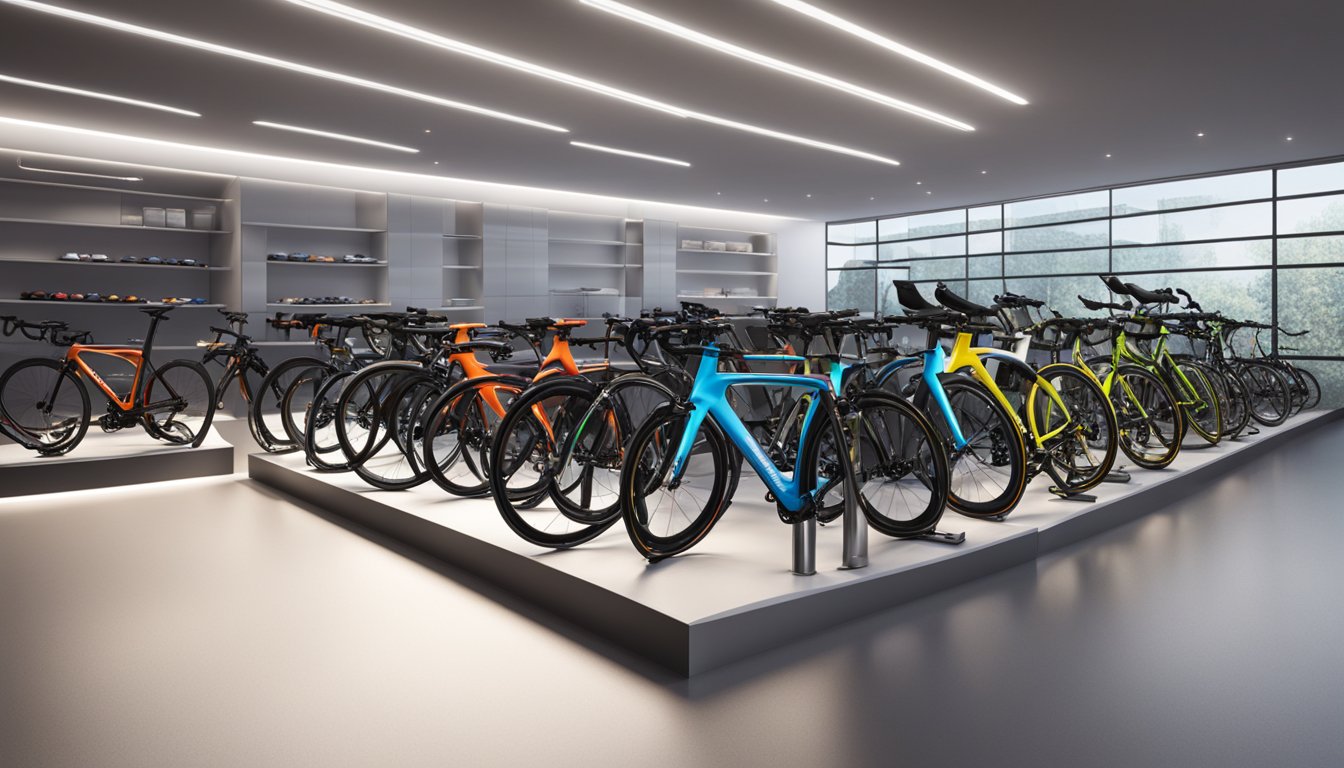 A lineup of top road bike brands displayed in a sleek, modern showroom setting, with spotlights highlighting each bike's unique features