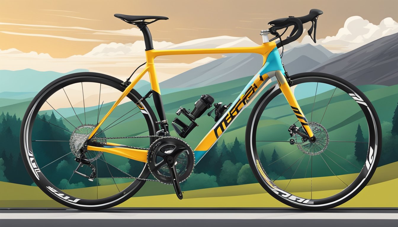 A sleek road bike with prominent brand logos sits against a backdrop of rolling hills and winding roads, hinting at the thrill of adventure and the promise of speed