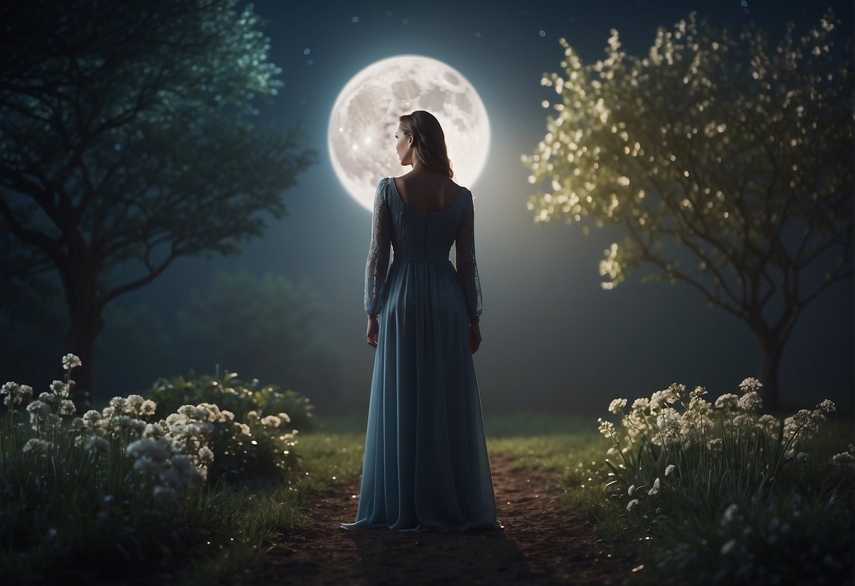 A figure stands in a moonlit garden, speaking to ethereal forms. The air is heavy with emotion as the figure reaches out, yearning for connection