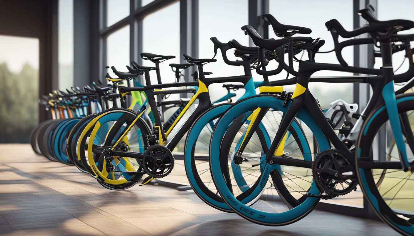 A row of sleek, lightweight road bikes lined up in a bike shop, showcasing their aerodynamic frames, smooth tires, and high-quality components
