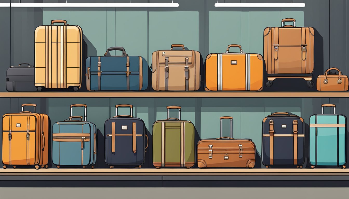A variety of stylish and durable luggage brands from Singapore arranged on a display shelf, showcasing different sizes and designs for every traveler's needs