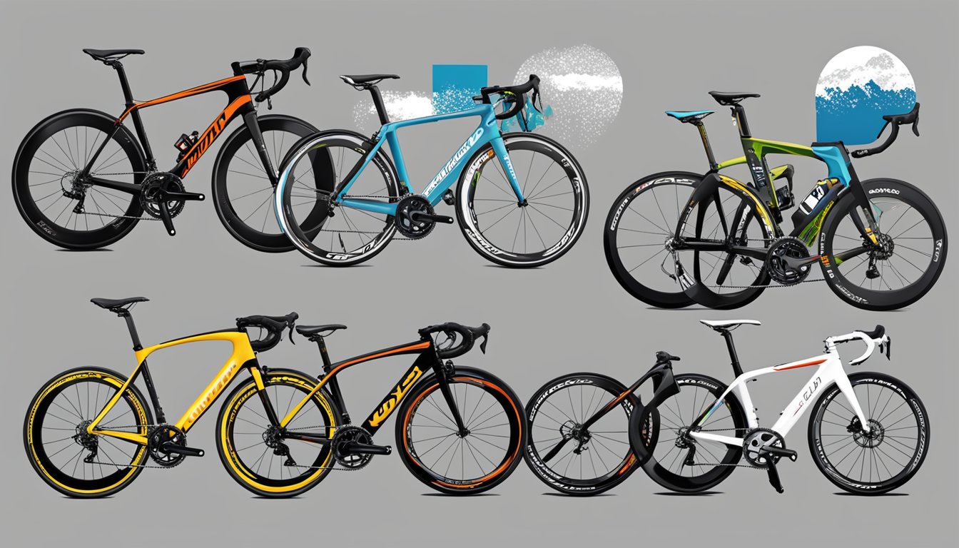 A lineup of road bikes representing various riding styles, with brand logos displayed prominently
