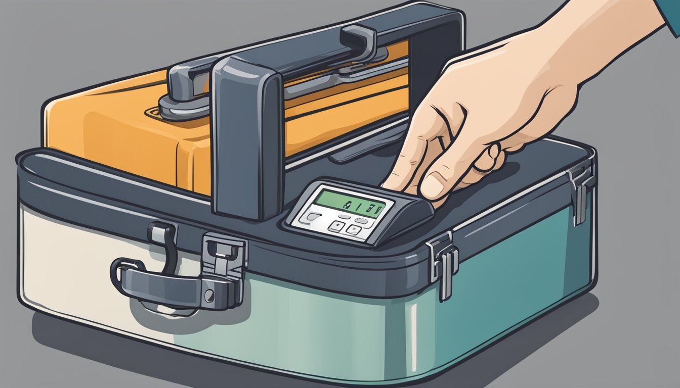 A suitcase being gently placed onto a luggage scale, with a hand reaching out to adjust the weight measurement