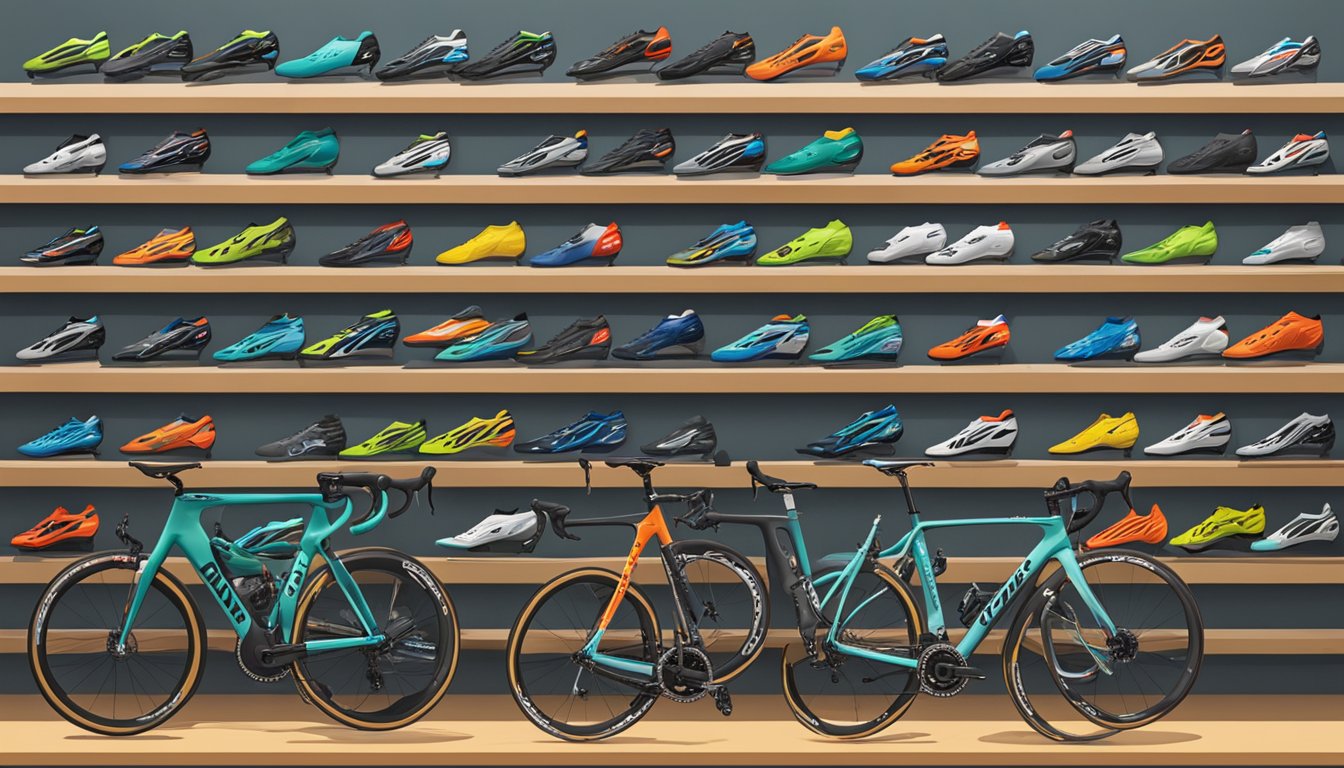 A row of popular road bike brands displayed on shelves with a sign reading "Frequently Asked Questions"