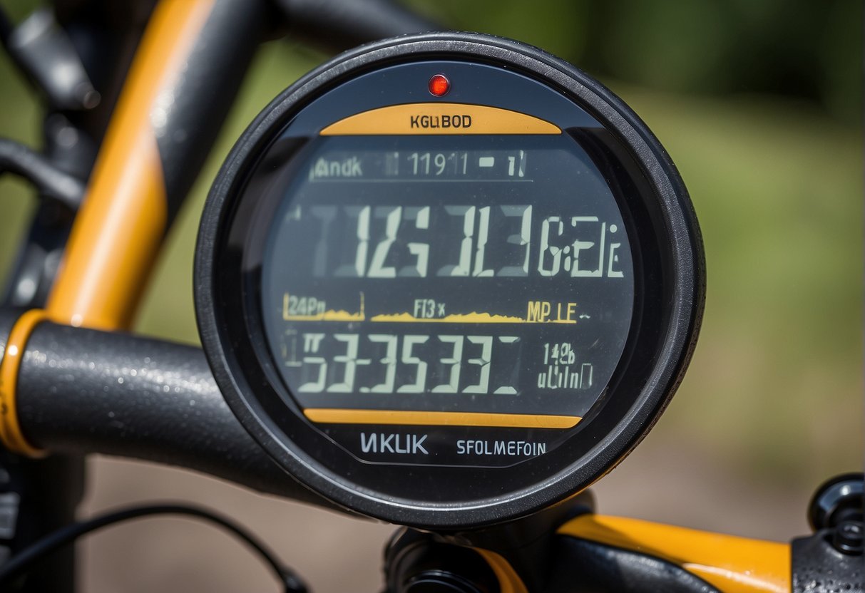 How Many Calories Do You Burn Biking 1 Mile 2024? Experts Explain 2 A bicycle with a digital display showing the distance of 1 mile and a calorie counter, with sweat droplets and a sense of exertion