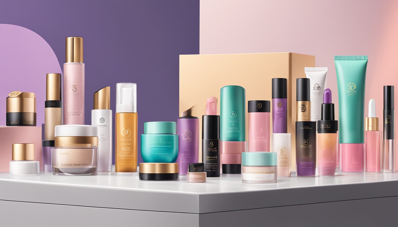 A display of Singapore makeup brands arranged on a sleek, modern counter with clean lines and minimalist packaging. Bright, natural lighting highlights the vibrant colors and luxurious textures of the products