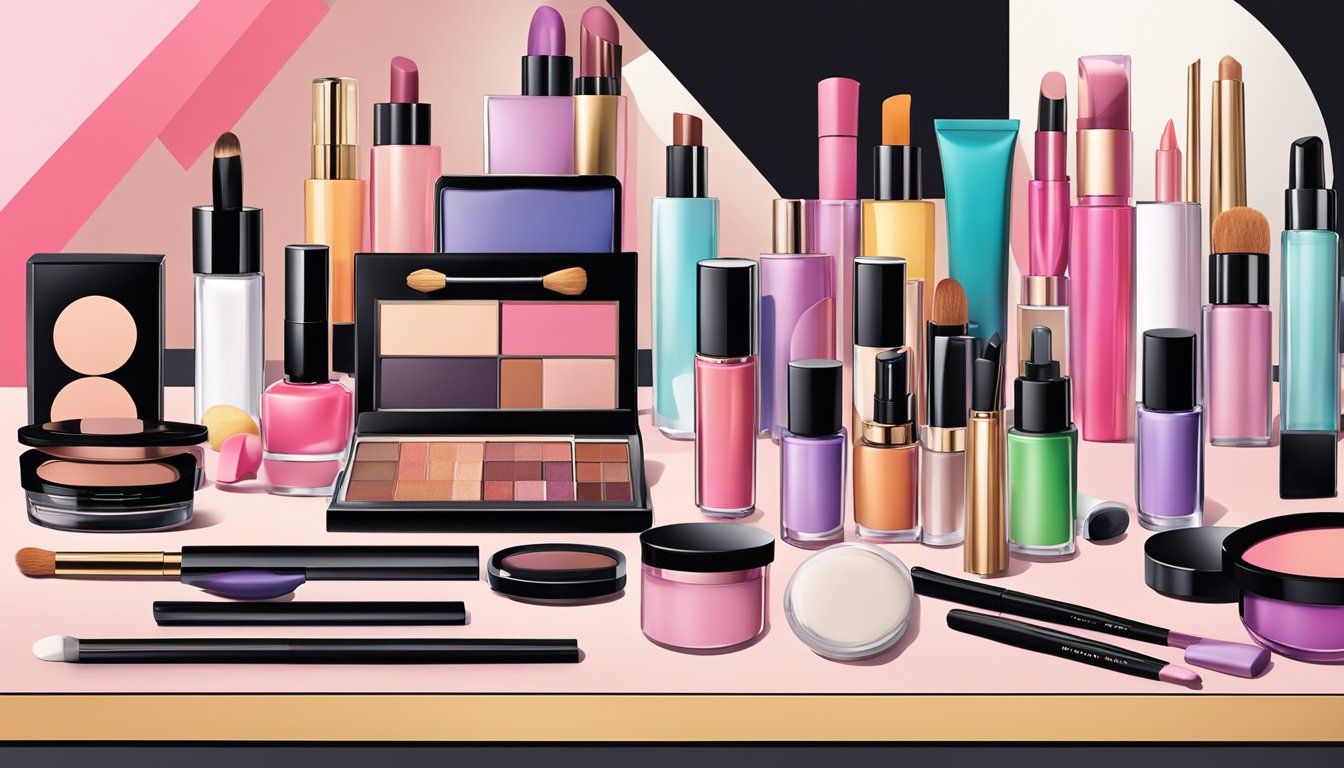 A colorful array of makeup products from top Singapore brands arranged on a sleek, modern vanity table