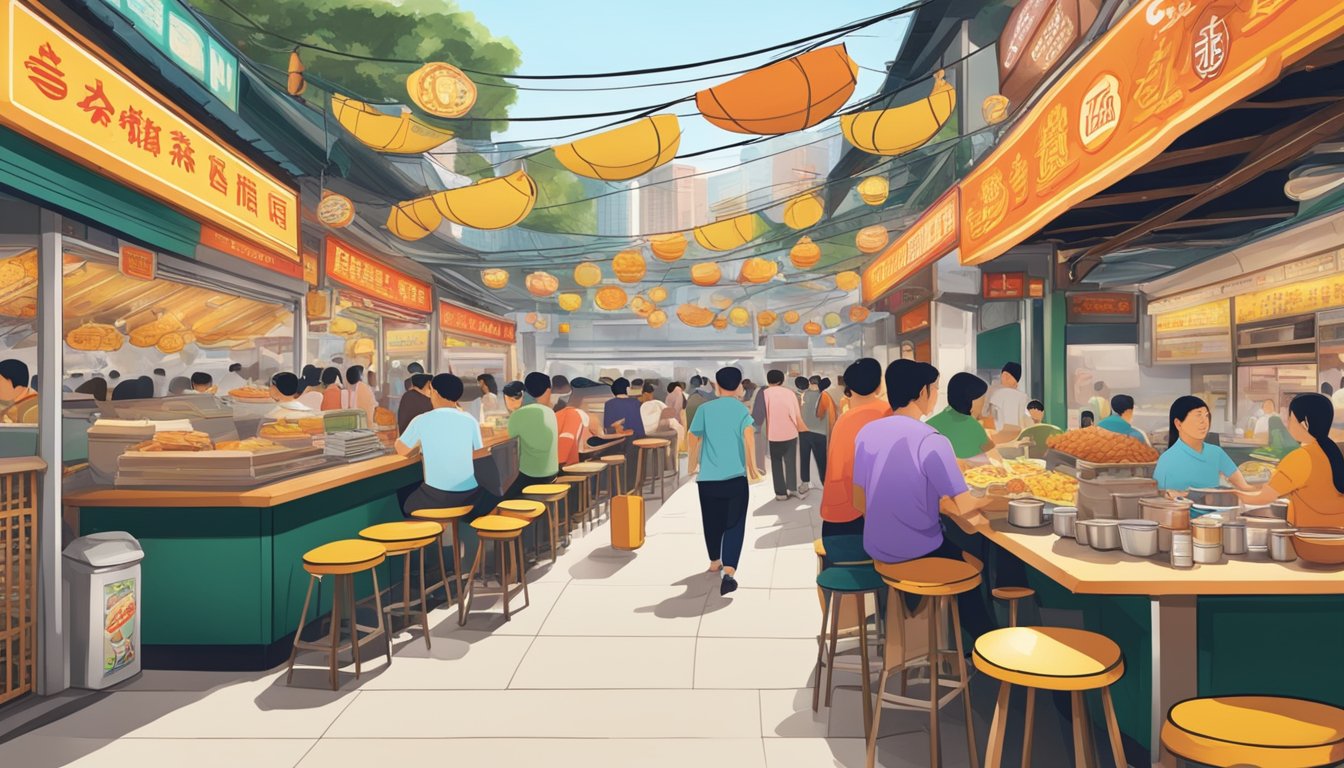 A bustling hawker center with colorful signage, showcasing iconic Singaporean food brands like Tiger Beer, Ya Kun Kaya Toast, and Old Chang Kee