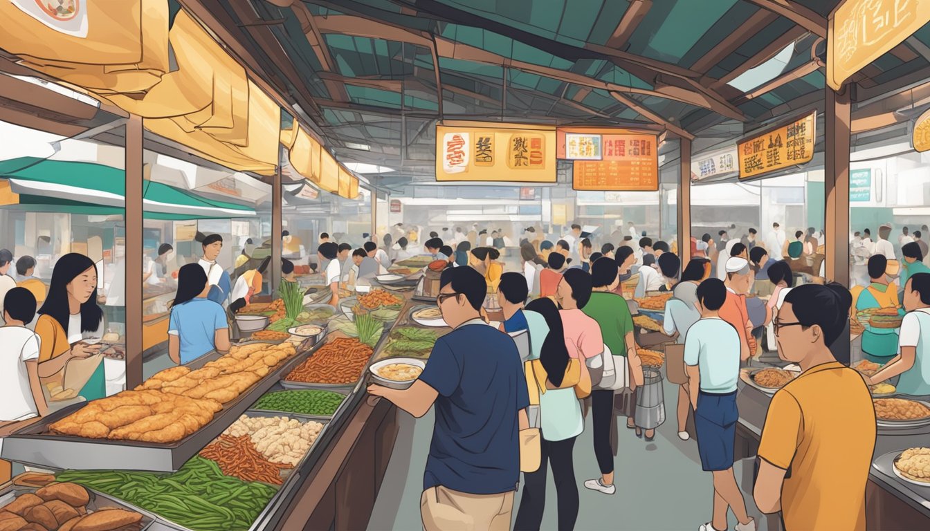 A bustling hawker center with colorful stalls selling iconic Singaporean food brands like Hainanese chicken rice, chili crab, and kaya toast