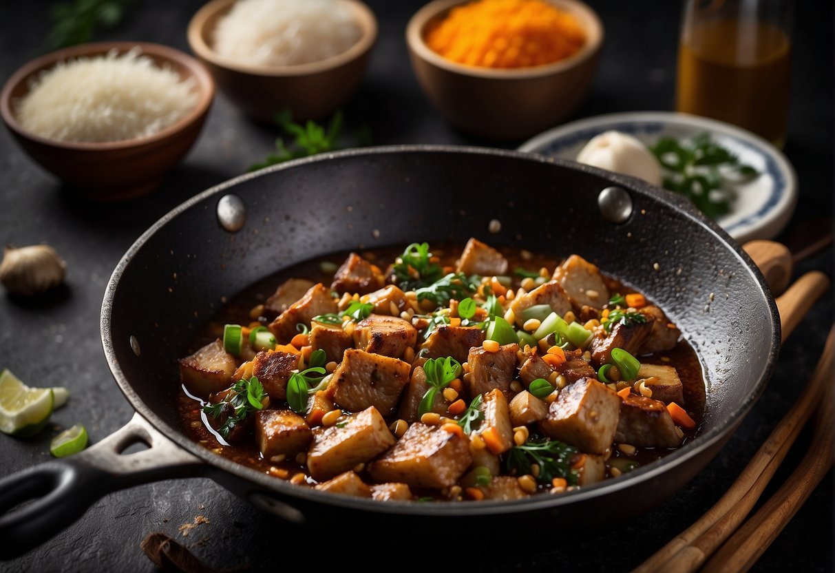 A sizzling pan with crispy Chinese siew yoke, seasoned with fragrant spices and herbs, surrounded by vibrant ingredients like garlic, ginger, and soy sauce