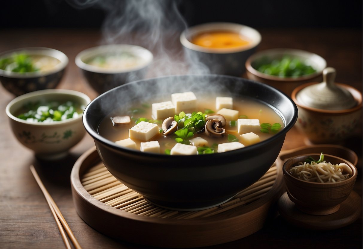 A steaming pot of silken tofu soup with floating scallions and mushrooms, surrounded by traditional Chinese soup bowls and chopsticks
