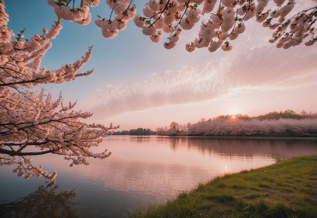 A pink sky over a tranquil lake with cherry blossoms in full bloom