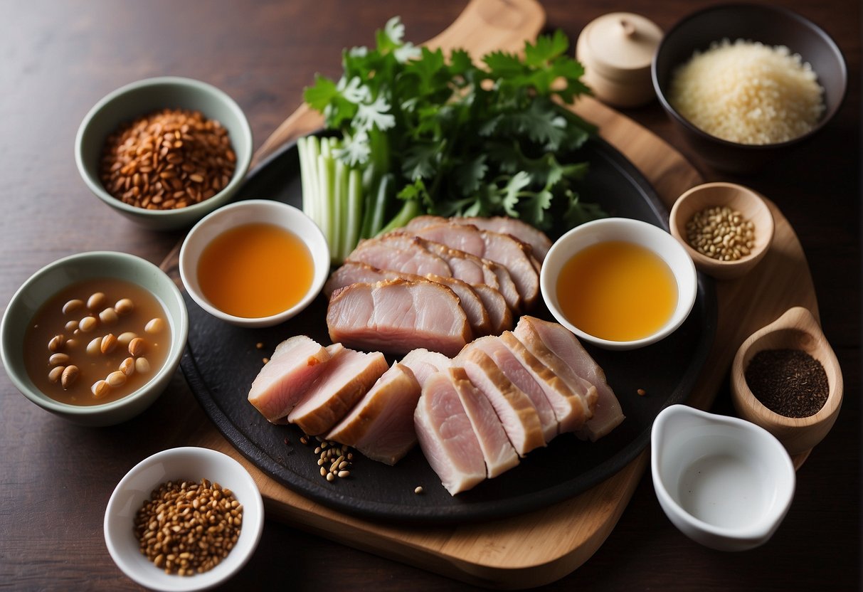 A table with ingredients and utensils for preparing Chinese siew yoke, including pork belly, spices, and a roasting pan