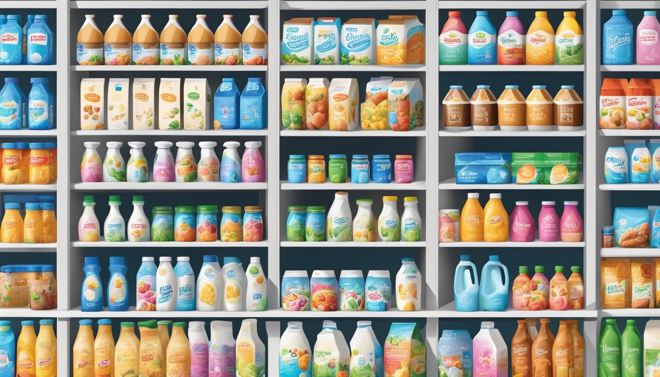 Various milk brands in Singapore displayed on shelves with colorful packaging and diverse sizes