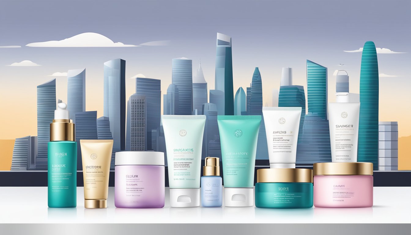 A table displaying various skincare products with sleek and modern packaging. A backdrop of Singapore's skyline and iconic landmarks
