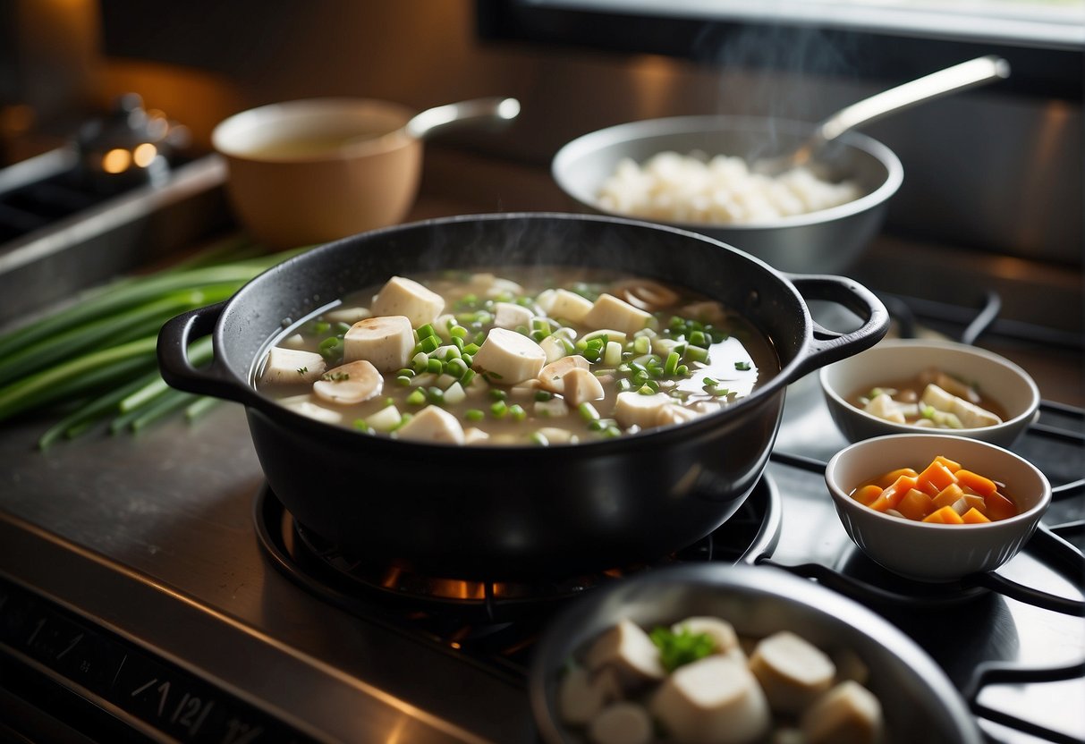 A pot on a stove, filled with clear broth, silken tofu cubes, sliced mushrooms, and green onions. A spoon rests on the side