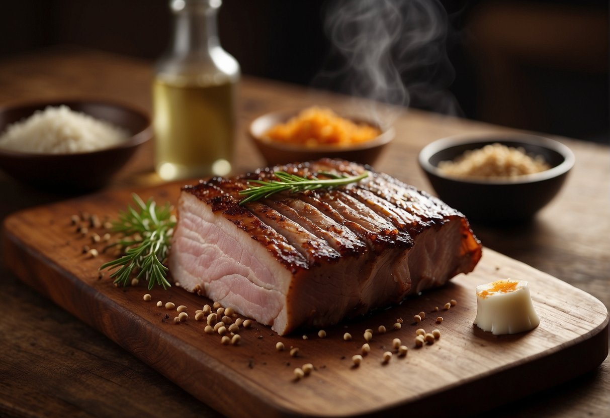 Pork belly rests on a cutting board, scored and rubbed with spices. A pot of boiling water steams nearby. Ingredients like soy sauce and sugar sit on the counter