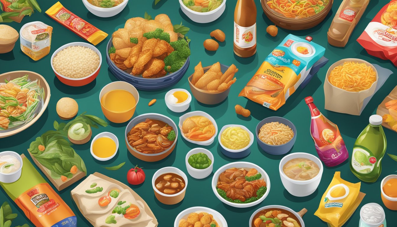 A table filled with various Singaporean food brands, with colorful packaging and innovative beverage products on display