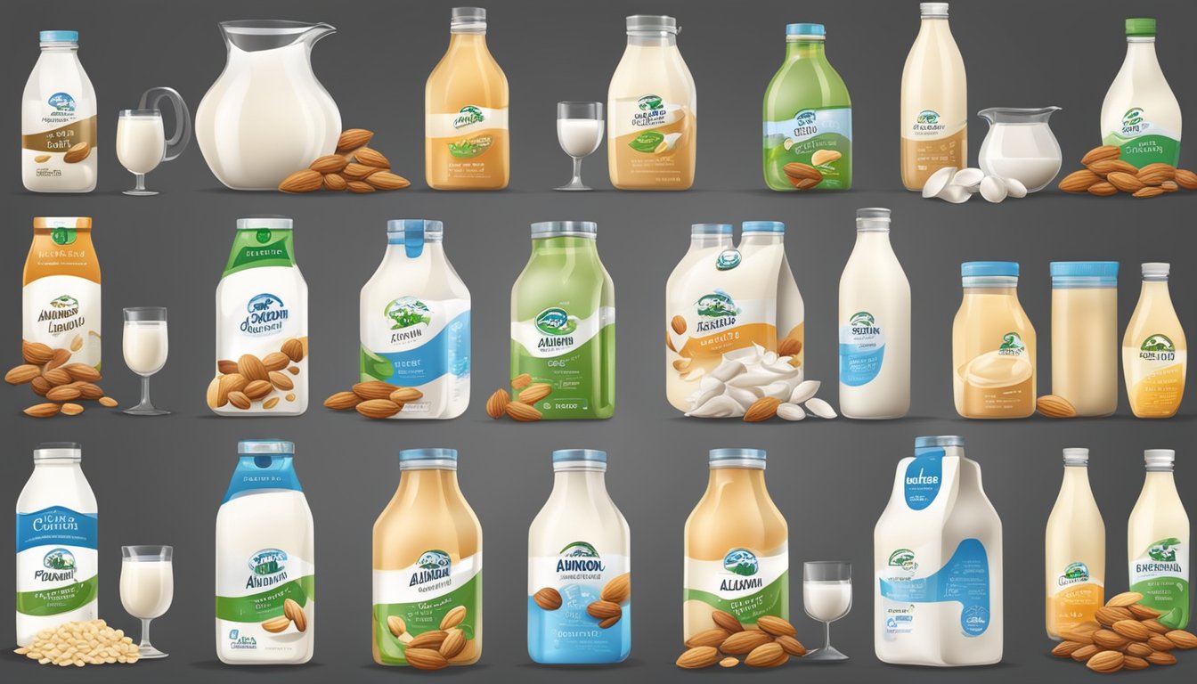 Various milk types (cow, goat, almond) displayed with their benefits (calcium, protein, vitamins). Brand logos visible