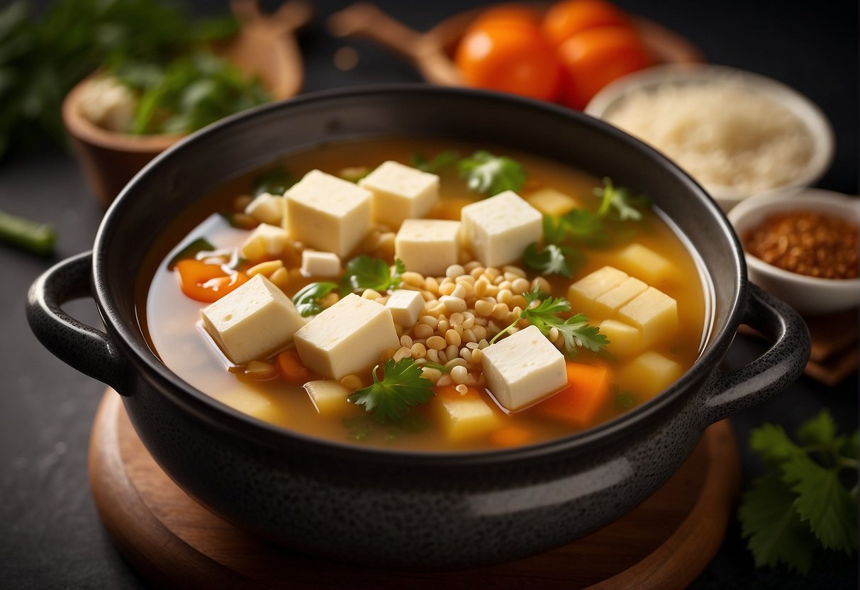 A pot of simmering Chinese silken tofu soup with various seasonings and flavor enhancers being added