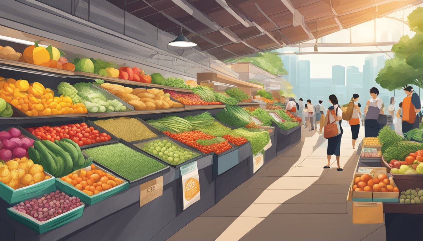 Colorful display of fresh, organic produce and superfoods at a bustling Singapore food market. Vibrant packaging and labels showcase health-conscious food trends
