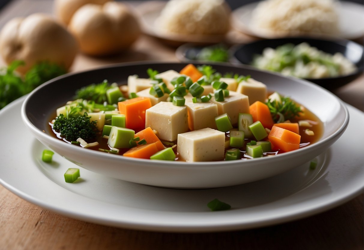 Chop vegetables, simmer broth, add tofu, and season with soy sauce and ginger. Garnish with green onions before serving
