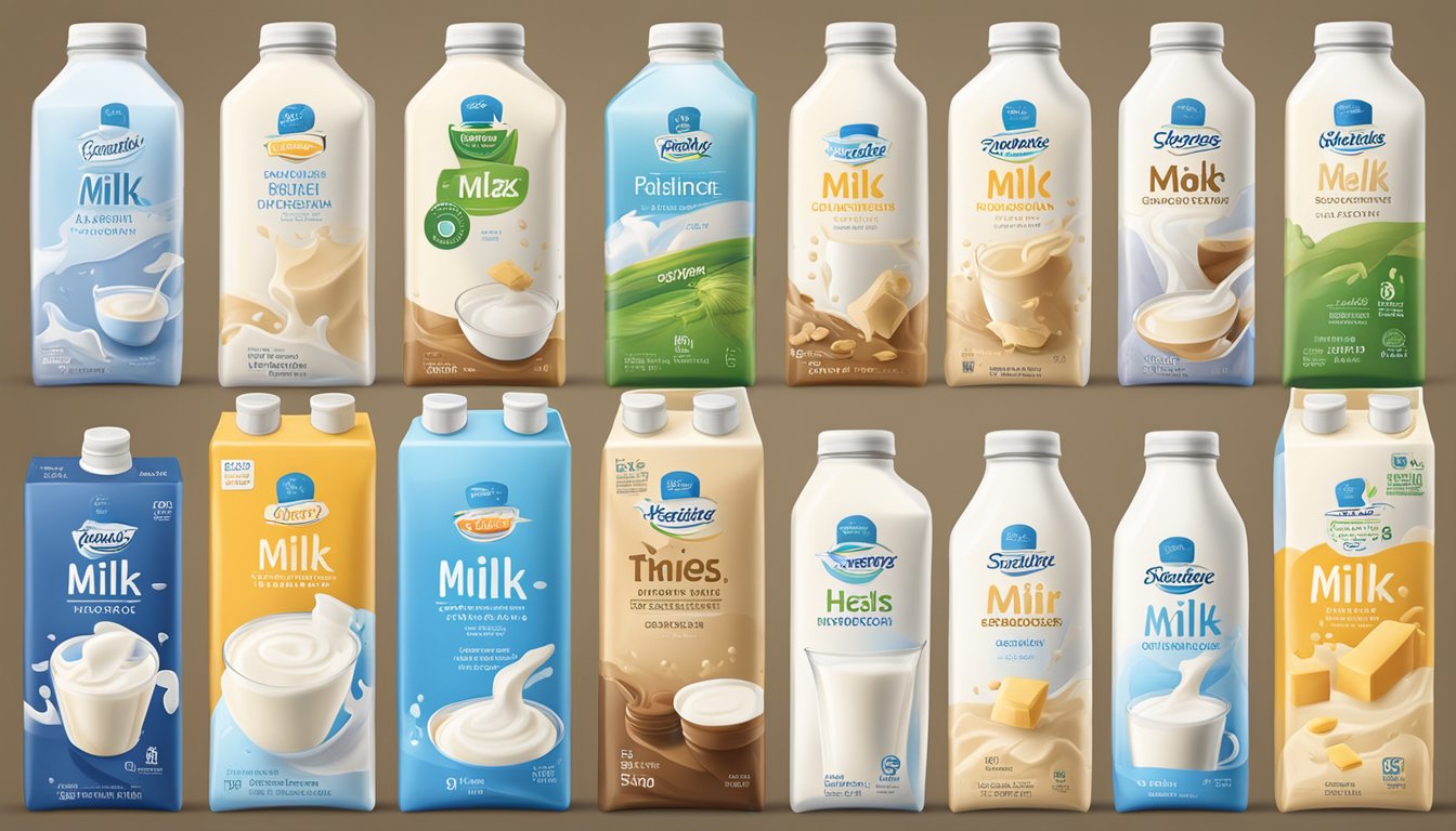Various milk brands lined up with their nutritional information displayed clearly on the packaging