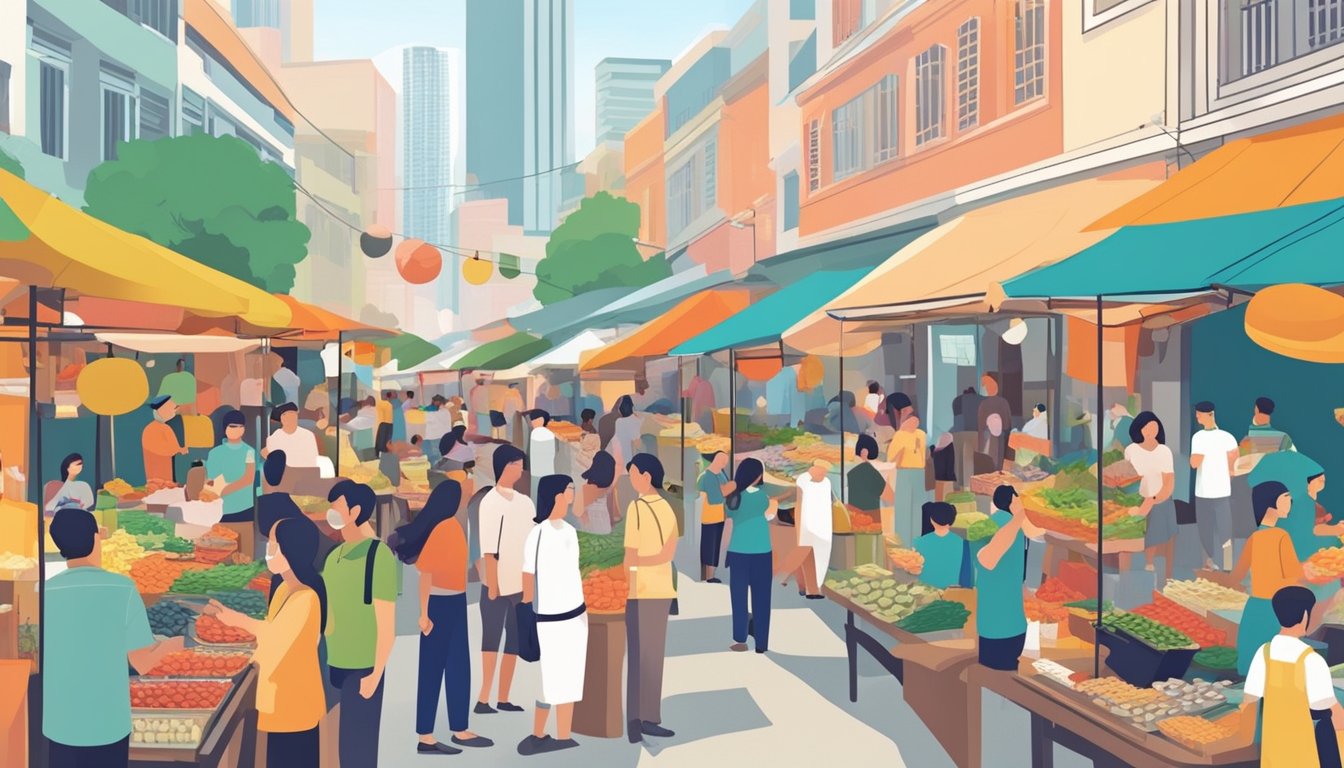 A bustling street market with colorful stalls showcasing local Singapore food brands. Customers eagerly sample and purchase products, while vendors proudly display their goods. #SupportLocal movement in action