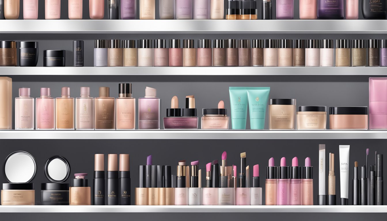A display of Singapore makeup brands arranged on a sleek, modern shelf with elegant branding and luxurious packaging