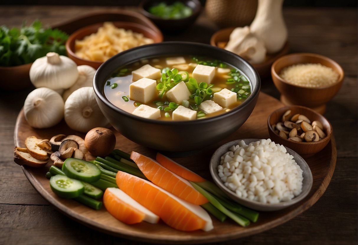 A steaming bowl of Chinese silken tofu soup sits on a wooden table, surrounded by various ingredients such as tofu, scallions, and mushrooms. A small card displays the nutritional information of the soup