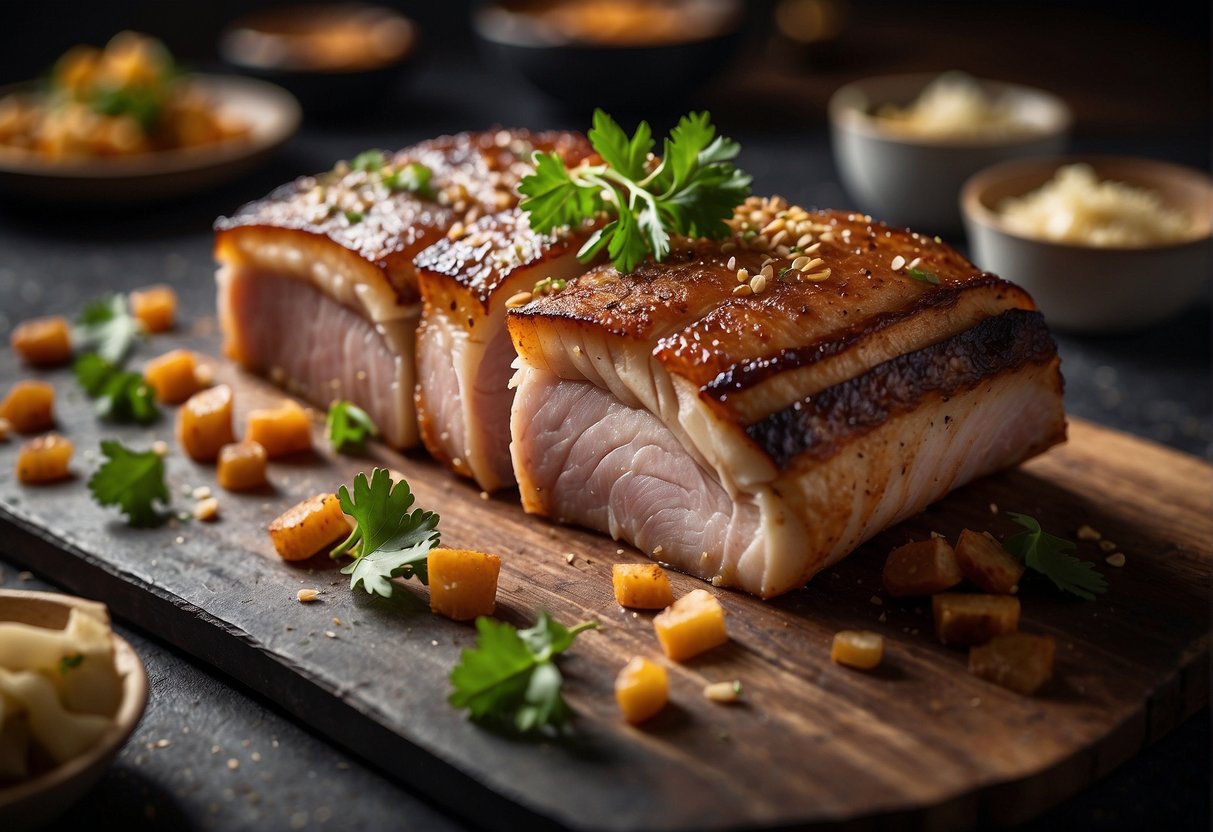 A chef seasons and roasts pork belly, then slices it into crispy, juicy pieces